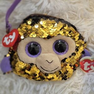 TY Fashion Beanie Boos Plush Coconut The Monkey with Gold Sequins. NWT